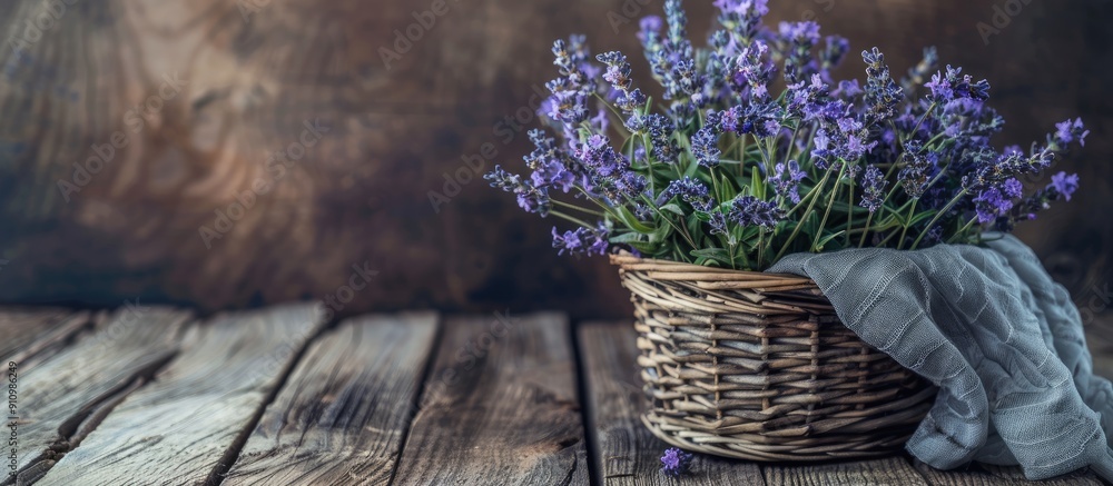 Leinwandbilder a rustic bouquet of lavender arranged in a basket on a wooden table offers a romantic ambiance with 