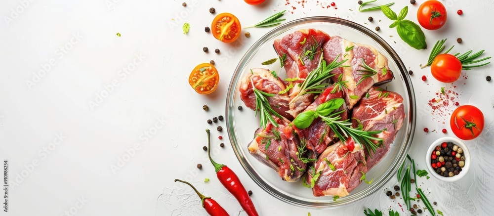 Poster a glass pan containing pork meat seasoned with herbs and spices on white background top view with co