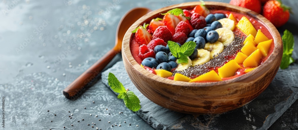 Poster boho hipster style smoothie bowl with fresh fruits on wooden bowl over a concrete table background p
