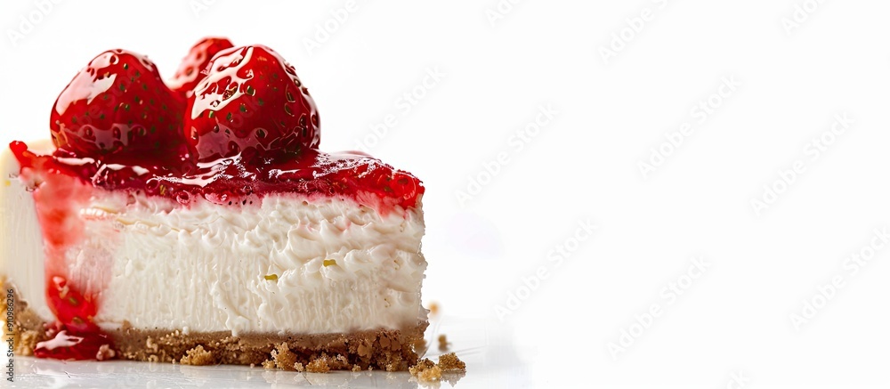 Poster new york cheesecake topped with delicious strawberry sauce against a white background with ample cop