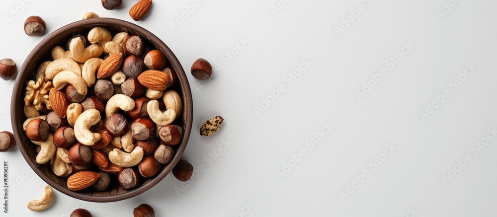 Poster An overhead shot of nuts in a circular bowl on a white backdrop with copy space image