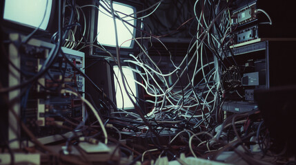 A chaotic tangle of cables and old monitors scattered in a dimly lit room, depicting a scene of technological disarray.