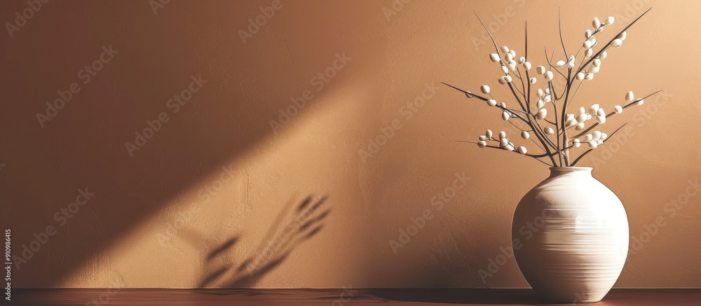 Poster Sophisticated table arrangement with a plant branch on a brown backdrop ideal for a copy space image