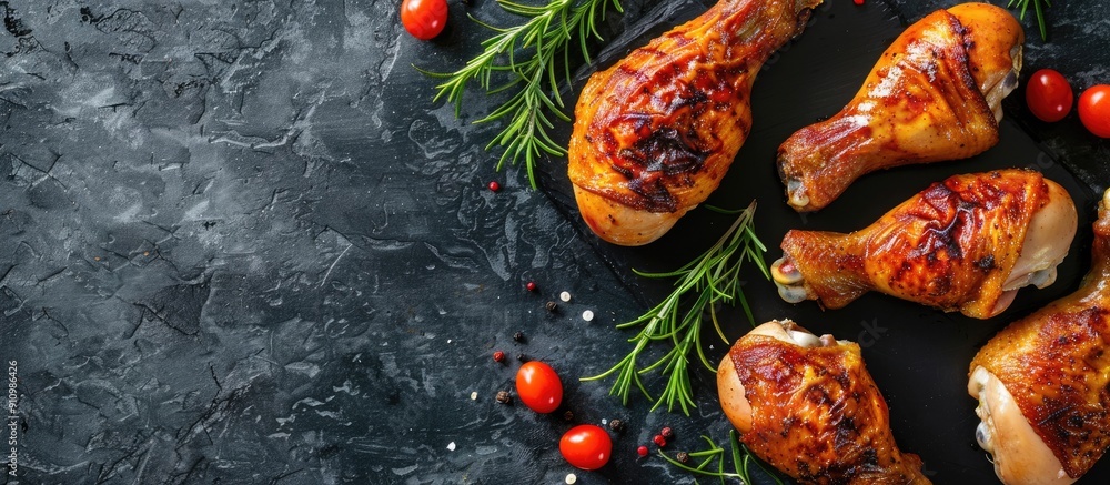 Poster top view of boiled chicken legs with a healthy food menu concept on a food background providing copy