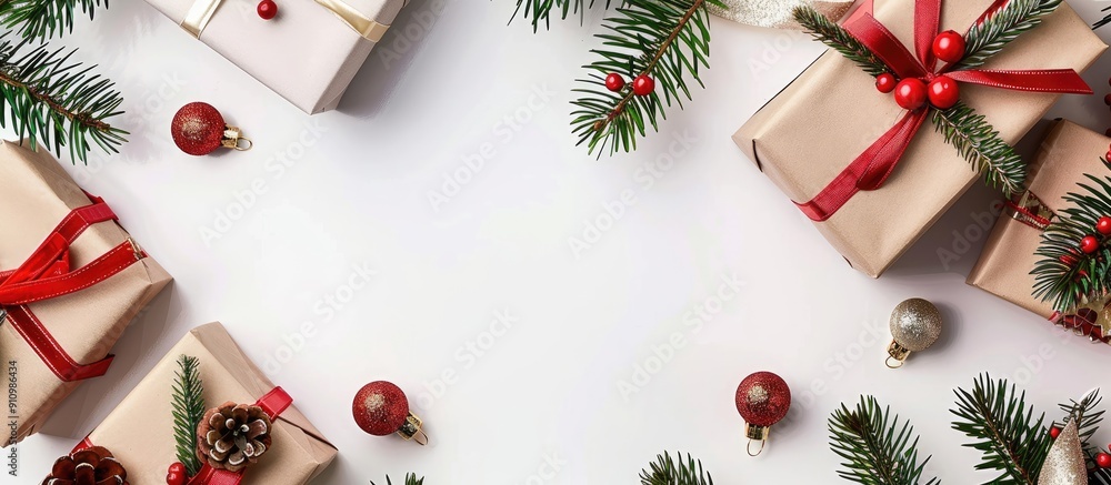 Sticker Top view of Christmas gift boxes on white background with copy space image