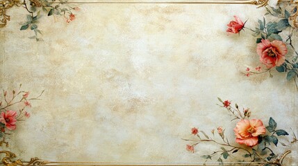 Vintage Floral Background with Golden Frame and Textured Paper.
