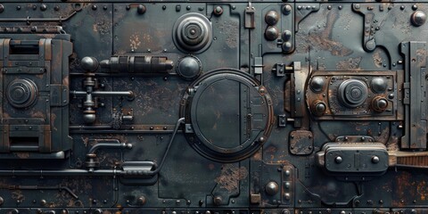 Rusty metal panel with gears and levers.