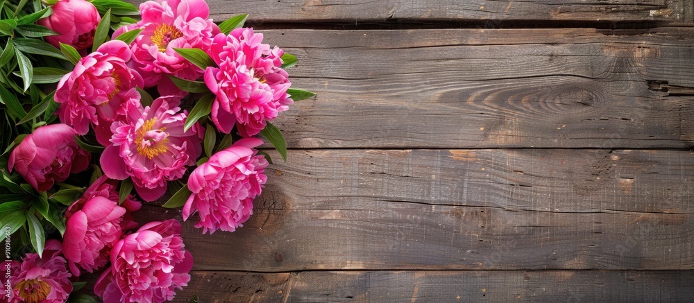 Poster pink peonies with plenty of copy space on a rustic wooden backdrop