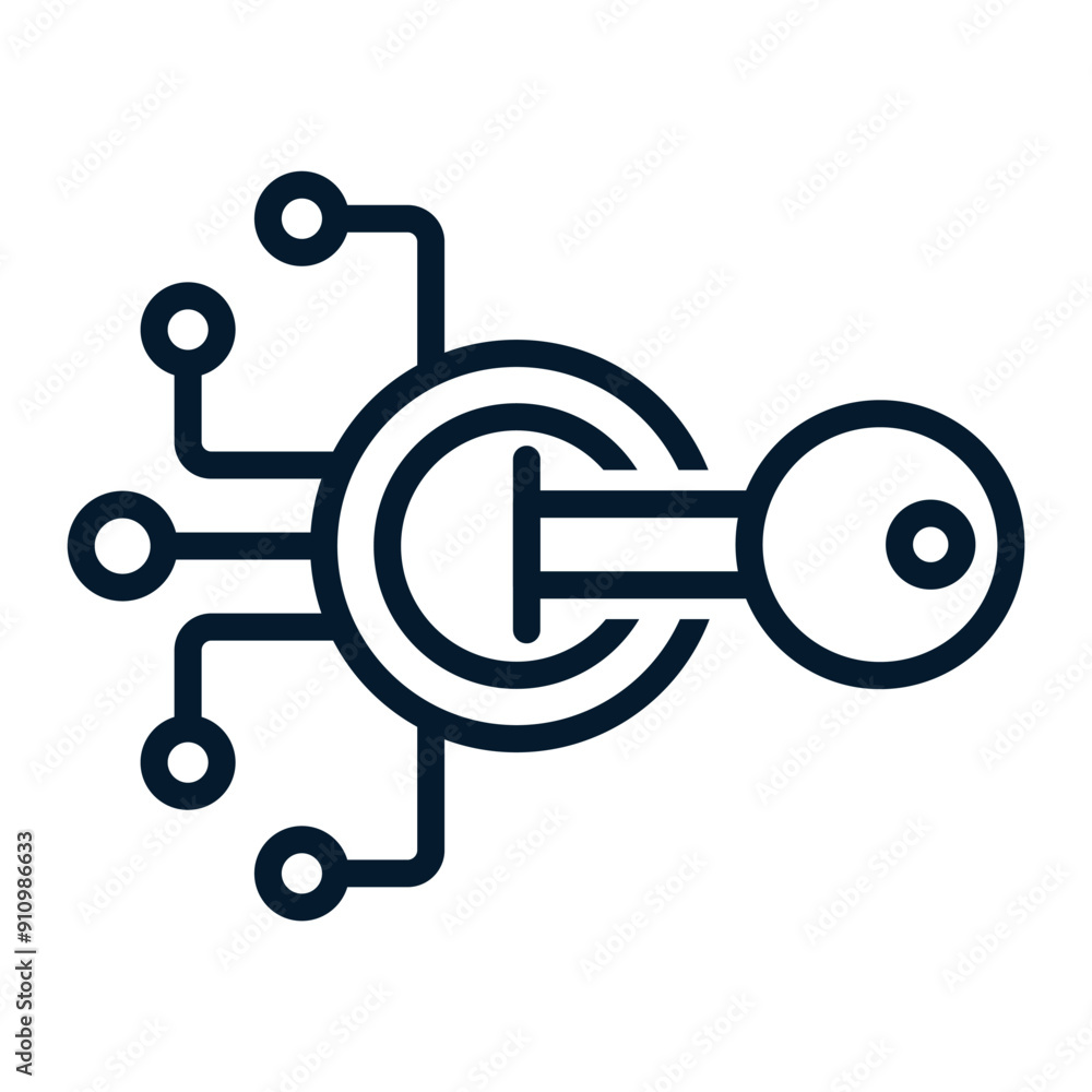 Poster cryptography concept, key for data encryption. vector linear icon isolated on white background.
