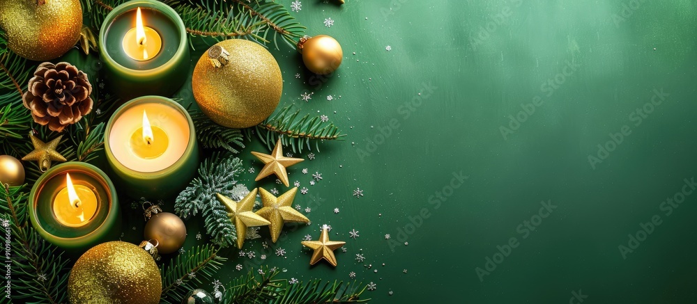 Poster Christmas decorations and burning candles adorning a green background with ample copy space image