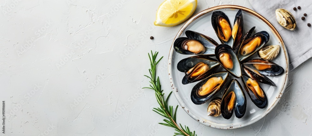 Aufkleber Top down view of a plate showcasing mussels lemon and rosemary on a white surface with ample copy space image