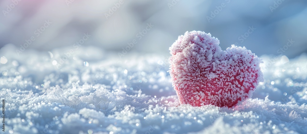 Wall mural Valentine s Day love concept depicted with a pink heart framing a snowy backdrop in a copy space image