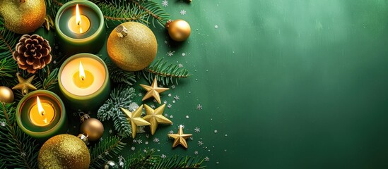 Christmas decorations and burning candles adorning a green background with ample copy space image