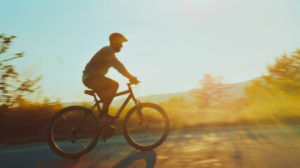 Obraz premium A cyclist pedals along a serene road, bathed in warm sunset light, with a peaceful countryside landscape in the background.