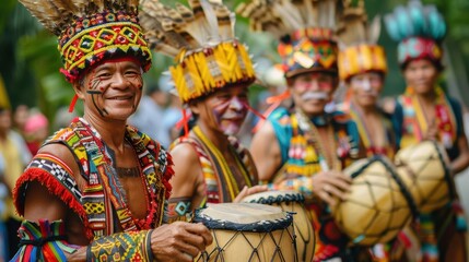 Smiling man in traditional Taiwanese tribal attire playing drum during festival