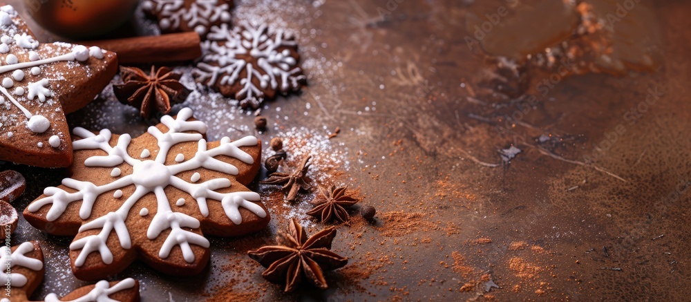 Poster Close up of a Christmas gingerbread snowflake cookie with spices and decorations in a frame with copy space image
