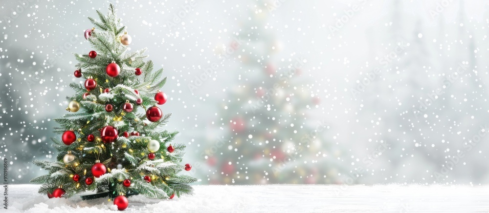 Aufkleber a christmas tree adorned with ornaments is set against a snowy backdrop creating a festive ambiance 