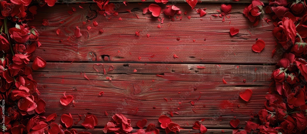 Aufkleber A background of red wood is adorned with a frame of petals and plastic hearts to leave space for adding an image. copy space available