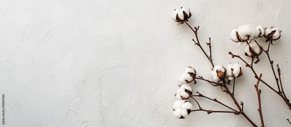 Poster minimal flat lay composition featuring a cotton branch against a light backdrop perfect for designs 