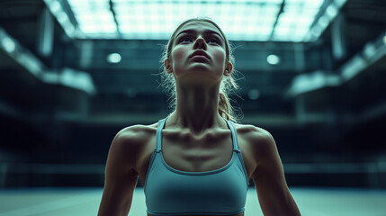 gymnast gazing up, determined expression at arena
