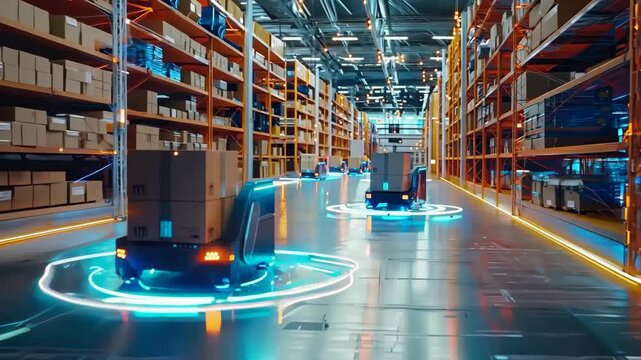 Autonomous Robots Moving Boxes In Warehouse