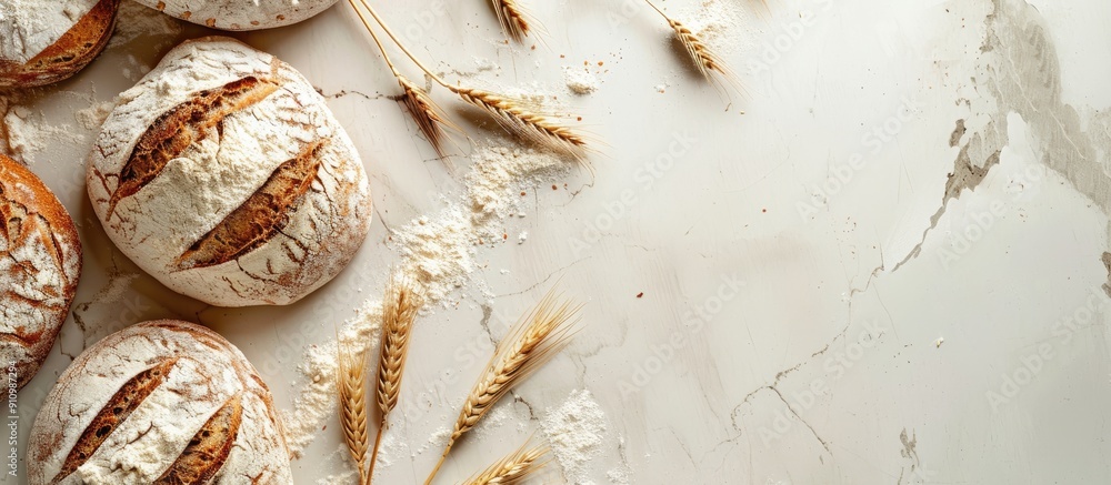 Poster Overhead view of rye and wheat loaves with flour traces on a white marble surface featuring a space for text ideal for a copy space image