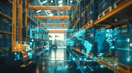 Fototapeta premium A cutting-edge warehouse featuring autonomous vehicles and a network of shelves, revealing the future of smart logistics and inventory management.