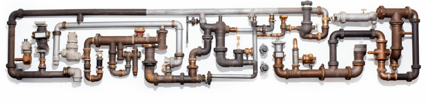 long narrow panoramic view background pipes and pipe connections isolated on white, abstract communications