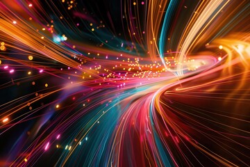 Obraz premium abstract light trails forming a digital neural network vibrant colors against a dark background conveying speed connectivity and technological advancement futuristic and dynamic composition