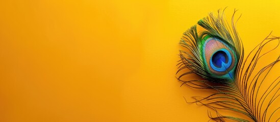 Obraz premium Vibrant summer vibes showcased with a peacock feather on a bright yellow background in a copy space image evoking the essence of summer holidays