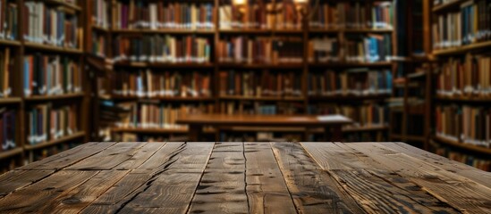 The wooden table is bare set against a blurred library backdrop offering ample copy space for showcasing products complemented by a lovely array of books