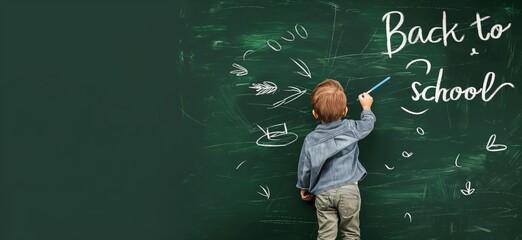 Back to school. Kid writing Back to school on the blackboard