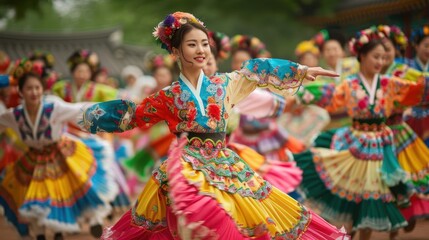 Women in colorful traditional Korean Hanbok dresses dance in a group.