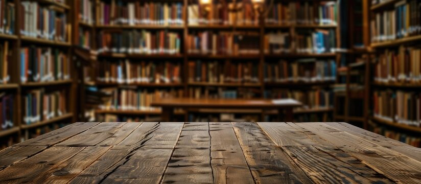The wooden table is bare set against a blurred library backdrop offering ample copy space for showcasing products complemented by a lovely array of books