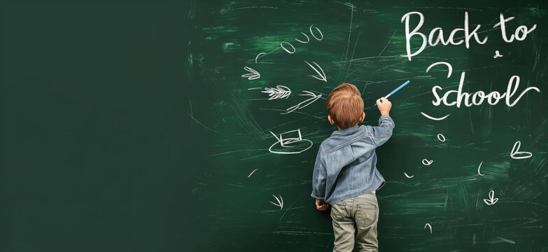Back to school. Kid writing Back to school on the blackboard