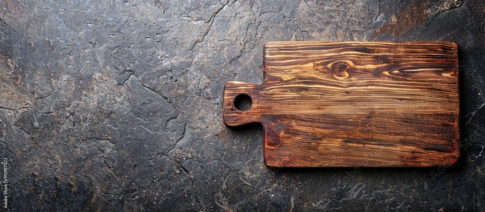 Poster Top view of a wooden texture chopping cutting board on a dark stone background with copy space image