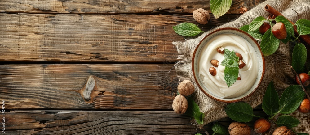 Poster top view of hazelnut cream with nuts and green leaves on a wooden backdrop providing copy space in t
