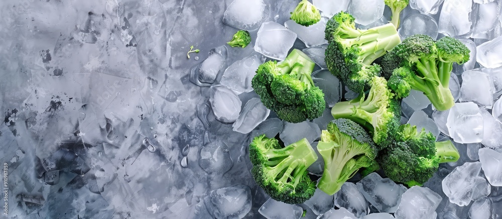 Poster Fresh broccoli placed on ice with a background for text showing a top view for a copy space image