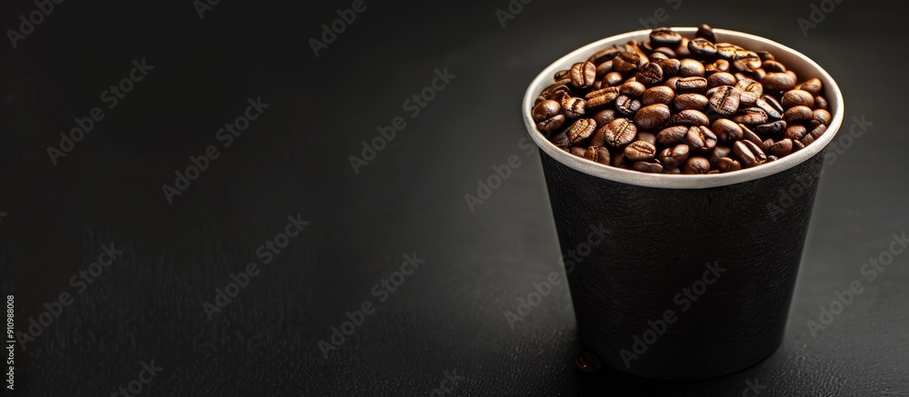 Poster a close up image showcases a cup filled with fresh coffee beans against a black background featuring