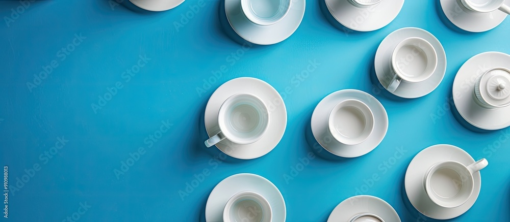 Poster an assortment of refined porcelain cups and saucers on a blue backdrop in a top down view perfect fo