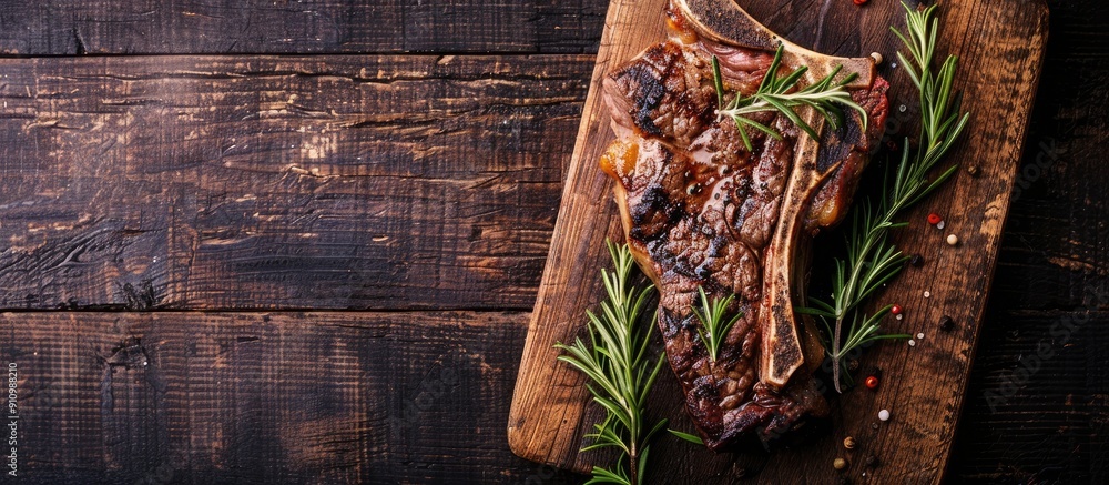 Aufkleber top view of a fresh tender t bone steak on a wooden cutting board set for a bbq against an old dark 