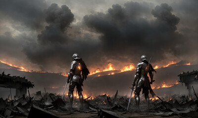 A knight standing in the middle of a battlefield 