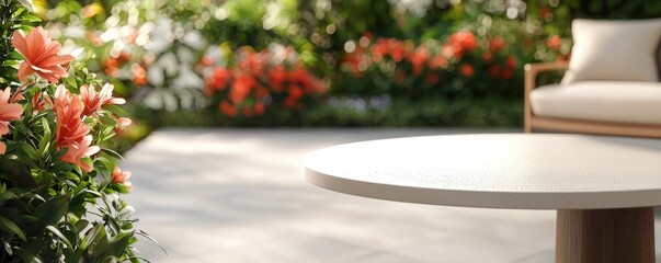 Fototapeta premium A 3D depiction of an outdoor patio, with a central area left empty for text, surrounded by vibrant flowers and stylish outdoor furniture, creating a lively, inviting space