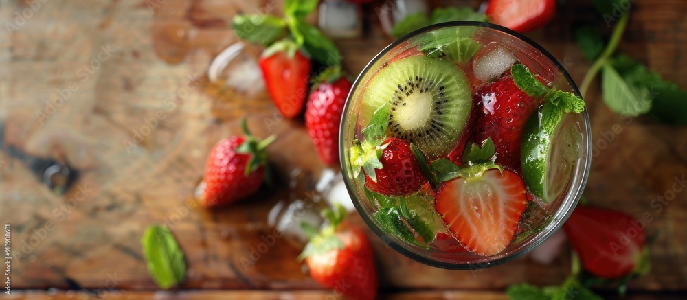 Poster An overhead view of a refreshing strawberry and kiwi mojito in a glass on a wooden table with ample space for additional images