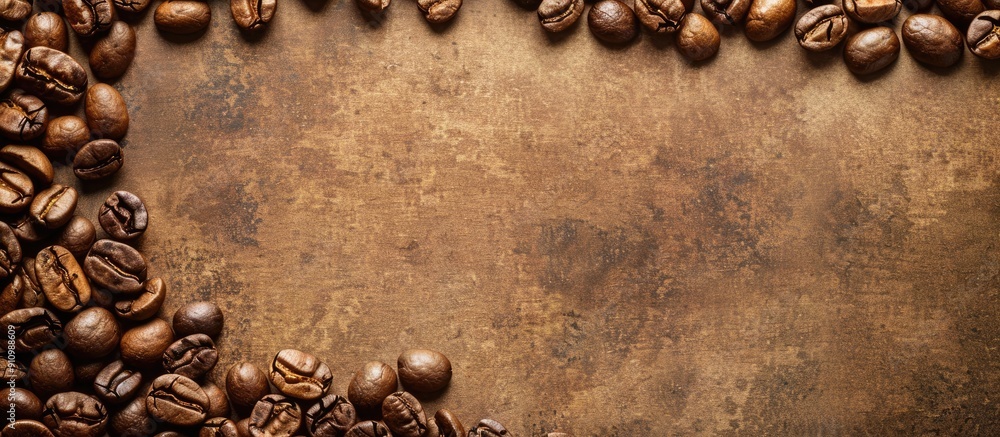 Poster a vintage toned top view photo of roasted coffee beans on a rustic background with blank copy space