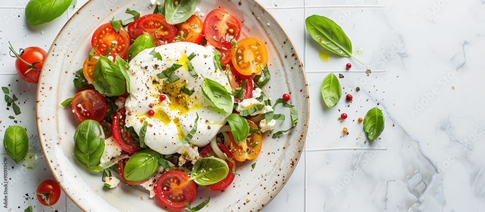 Poster Close up shot of a tasty burrata salad on a white tiled table with ample copy space image