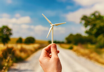Hand Holding Miniature Wind Turbine. A close-up photo of a hand holding a small wind turbine model against a backdrop of a rural road and landscape, symbolizing renewable energy.
