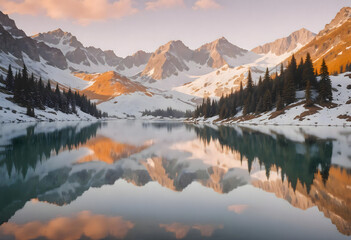 Beautiful landscape with snowy mountains, sea or lake, reflections in water, trees at sunrise