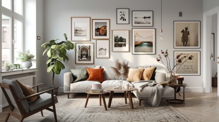 A living room with a couch, a chair, a coffee table, and a potted plant