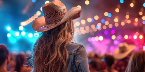 Woman in a cowboy hat at a concert with lights.